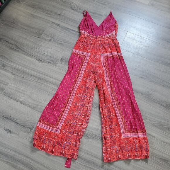 Free People Jumpsuit Womens 4 Pink Red Boho Wide Leg Sleeveless Wrap Tie Rayon - Picture 2 of 12